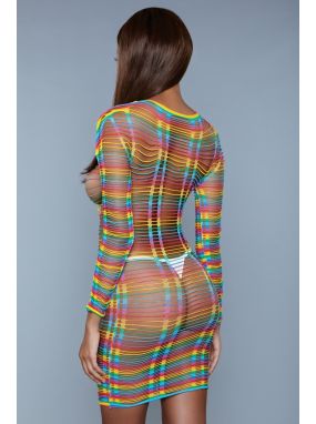 Rainbow Shredded Seamless Knit Dress W/ Long Sleeves
