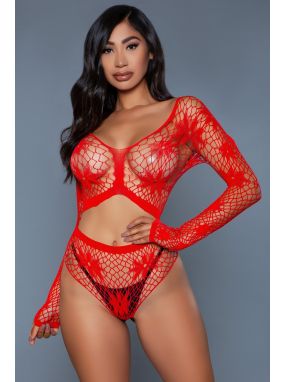 Red Seamless Knit Long Sleeved Crop Top & Booty Short Set