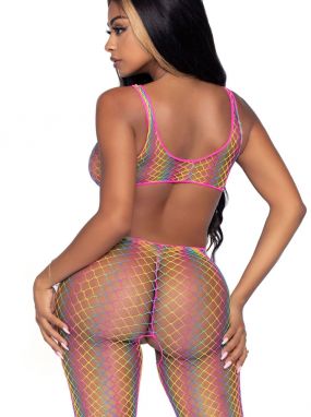Rainbow Fishnet Cut-Out Footless Bodystocking W/ Open Crotch