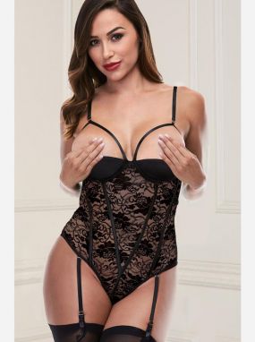 Black Lace Open Cup Underwired Teddy W/ Removable Garters