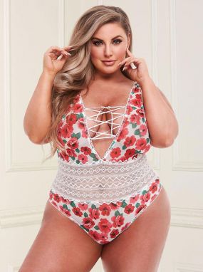Plus Size White/Red Floral Print Mesh & Embroidered Lace Teddy W/ Lacing