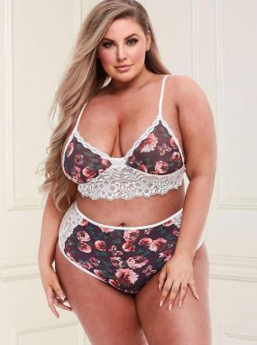 Plus Size White Lace & Grey Floral Print Bralette & High-Waisted Panty Set