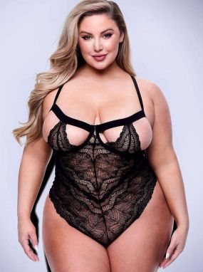 Plus Size Black Floral Lace Underwired Teddy W/ Peek-a-Boo Cups
