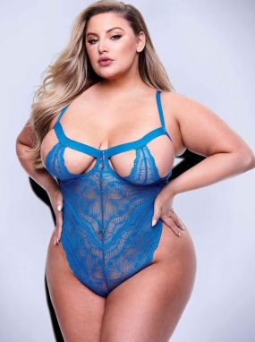 Plus Size Blue Floral Lace Underwired Teddy W/ Peek-a-Boo Cups