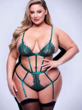 Plus Size Green Eyelash Lace Strappy Teddy W/ Open Butt & Blindfold