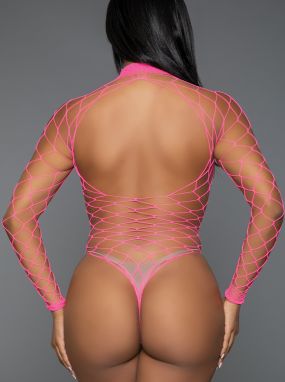 Hot Pink Diamond Net Turtle Neck Bodysuit W/ Long Sleeves