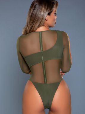 Olive Green Mesh Bodysuit W/ Panels