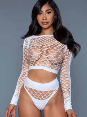 White Industrial Net Long Sleeved Top & High-Waisted Thong Set
