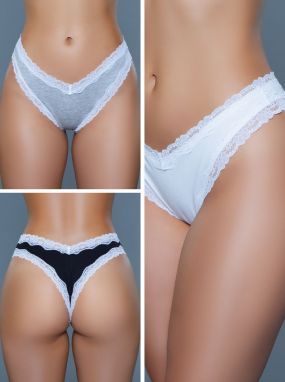 Three Assorted Cotton & White Lace High-Rise Thong Panty Pack