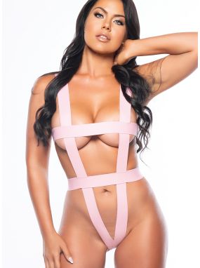 Pink Wide Elastic Strap V-Front Teddy W/ Open Butt