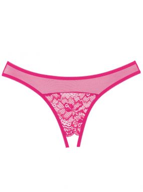Hot Pink Scalloped Lace & Sheer Mesh Crotchless Panty