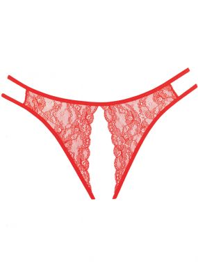 Red Scalloped Lace & Sheer Mesh Crotchless Thong