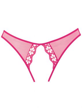 Hot Pink Sheer Mesh & Flower Lace Crotchless Panty W/ Open Butt