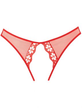 Red Sheer Mesh & Flower Lace Crotchless Panty W/ Open Butt