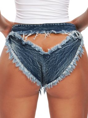 Blue Distressed Denim Belted Short W/ Cut-Outs