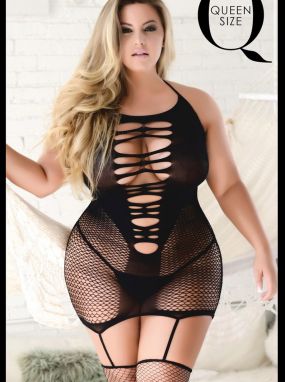 Plus Size Black Fishnet & Knit Chemise W/ Attached Thigh Highs