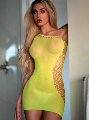 Neon Yellow Beaded Seamless Knit & Fishnet Asymmetrical Dress