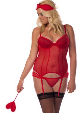 Plus Size Red Bustier, Panty, Eye Mask, Paddle & Thigh Highs Set