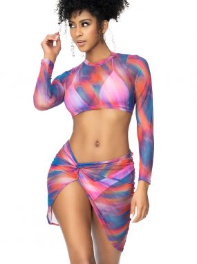 Sunset Print Mesh Swimwear Cover-Up Top & Skirt Set