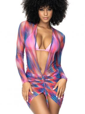 Sunset Print Mesh Swimwear Cover-Up Sleeved Dress