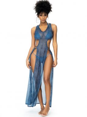Blue Printed Mesh Swimwear Cover-Up Gown