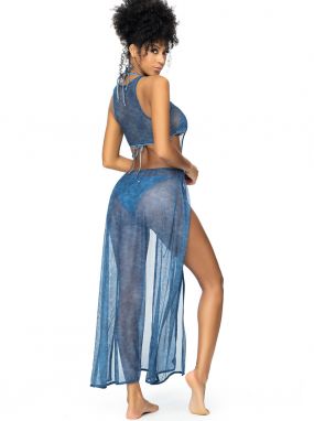 Blue Printed Mesh Swimwear Cover-Up Gown