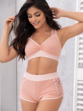 Rose Ribbed Cotton & Lace Bra Top & High-Waisted Short Set