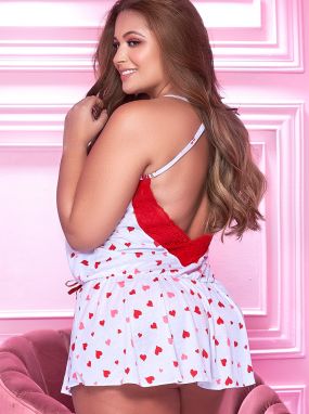 Plus Size Flocked Heart White Camisole & Red Lace Panty Set