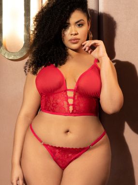 Plus Size Red Lace & Mesh Bra Top, Removable Babydoll Skirt & Thong