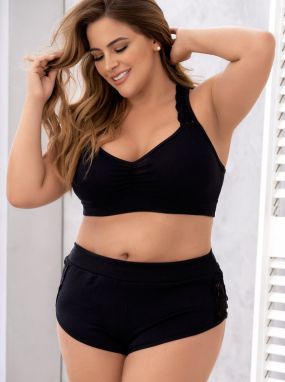 Plus Size Black Ribbed Cotton & Lace Bra Top & High-Waisted Short Set