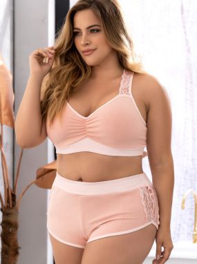 Plus Size Rose Ribbed Cotton & Lace Bra Top & High-Waisted Short Set