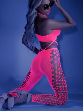 Neon Pink Seamless Knit & Fishnet Catsuit