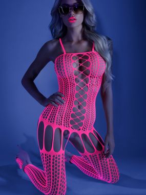 Neon Pink Honeycomb Net & Seamless Knit Suspender Bodystocking