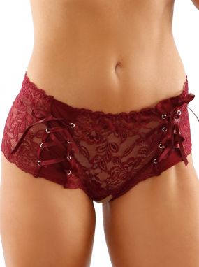 Red Garnet Stretch Lace Crotchless Boyshort Panty W/ Lacing
