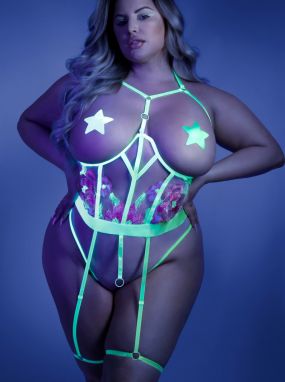 Plus Size Neon Chartreuse & Floral Embroidered Underwired Cupless Teddy W/ Open Crotch