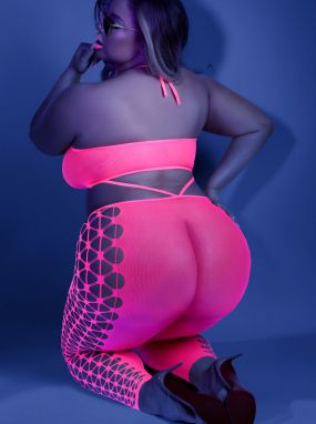 Plus Size Neon Pink Seamless Knit & Fishnet Catsuit