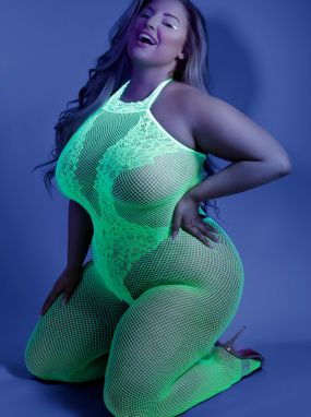 Plus Size Neon Green Fishnet & Lace Crotchless Bodystocking W/ Halter Neck