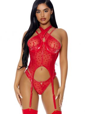 Red Flocked Heart Mesh Underwired Bustier & Panty Set