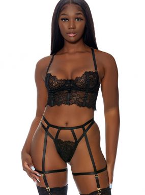 Black Scalloped Lace Underwired Camisole & Strappy Thong W/ Leg Garters Set