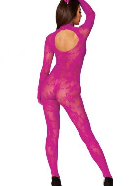 Pink Azalea Floral Knitted Fishnet Bodystocking W/ Gloved Sleeves