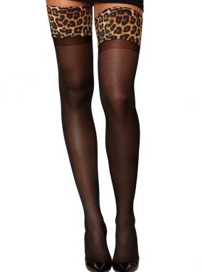 Black Sheer Thigh Highs W/ Stay-Up Leopard Top
