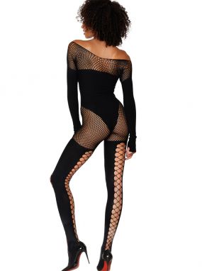 Black Fishnet Bodystocking W/ Knitted Opaque Teddy Silhouette