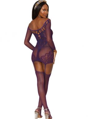 Purple Aubergine Fishnet & Lace Chemise W/ Attached Thigh Highs