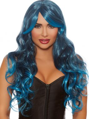 Steel & Bright Blue Long Wavy Ombre Layered Adjustable Wig