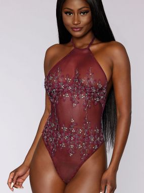 Burgundy Mesh & Silver Floral Embroidery Teddy