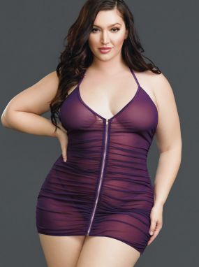 Plus Size Plum Ruched Mesh Dress & G-String