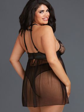 Plus Size Black Lace & Mesh Underwired Babydoll W/ Faux Leather Trim & Thong