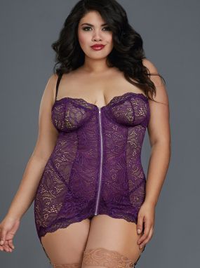 Plus Size Plum Lace Underwired Gartered Slip Chemise & G-String