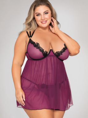 Plus Size Mulberry Mesh & Black Venice Applique Underwired Babydoll & Crotchless G-String