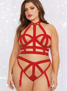 Plus Size Red Strappy Elastic Lingerie Top & Gartered Panty W/ Open Butt Set